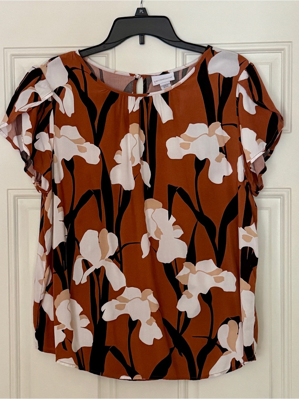 Liz Claiborne Rust Floral Short Sleeve Top with White Blooms